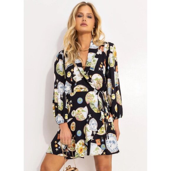 Farm Rio Trip Souvenir Black Wrap Mini Dress Size P/ Small - Picture 1 of 8